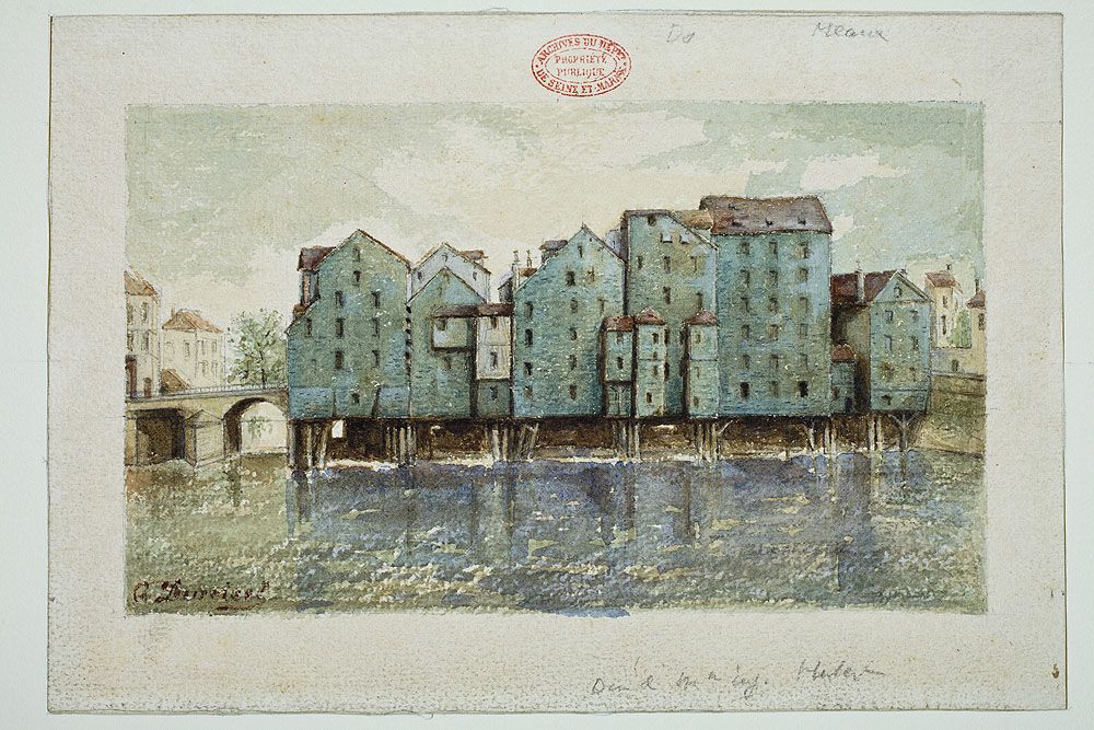 Aquarelle de Duroisel représentant les moulins du pont du Marché, vus depuis l'aval. Dessin par Duroisel. (AD Seine-et-Marne. 5 Fi 131)