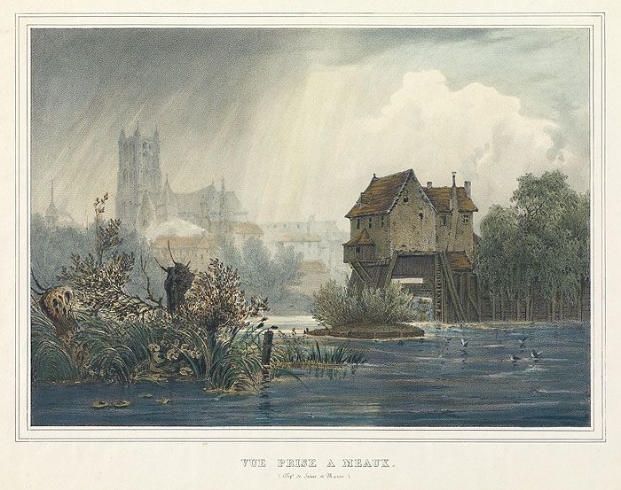 Lithographie mise en couleurs : "Vue prise à Meaux", par Tirpenne, vers 1840. Au premier plan, la Marne et le moulin David. Lithographie colorée. (Médiathèque Luxembourg, Meaux. Fonds Endrès )