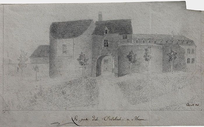 Dessin de la porte de la porte des Ursulines par Alexis Petit. Dessin, 19e siècle, vers 1820. (Médiathèque Luxembourg, Meaux. Fonds Endrès )