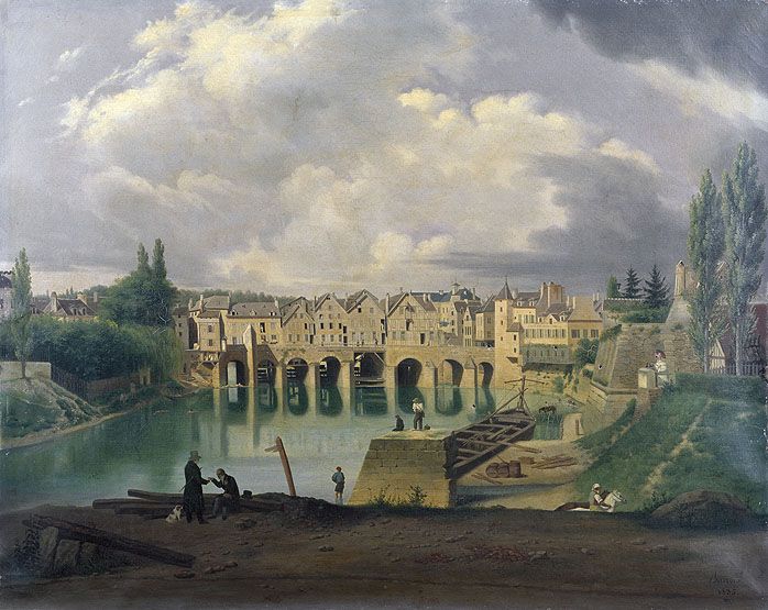 Jean-Pierre Frédéric Barrois (1786-après 1869), "Moulins du Pont du Marché à Meaux", huile sur toile, 64 x 80 cm, 1835 (Meaux, musée Bossuet, inv. 177/2008-2). Huile sur toile, 1835. (Musée Bossuet, Meaux. inv. 177/2008-2)