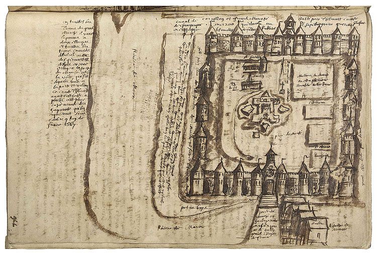 Le "Marché", sur la rive gauche de la Marne. Restitution des fortifications par le curé Pierre Janvier, XVIIe s. Dessin, fin du 17e siècle. Tiré de : "Fastes et annales des évêques de Meaux", tome II /P. Janvier. (Médiathèque Luxembourg, Meaux. ms 79, p. 776)