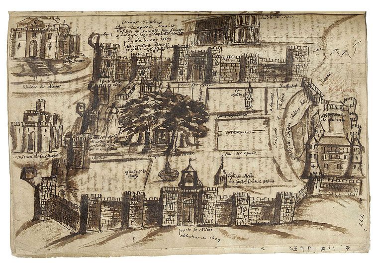 La "Ville", sur la rive droite de la Marne. Restitution du "castrum" par le curé Pierre Janvier, XVIIe s. Dessin, fin du 17e siècle. Tiré de : "Fastes et annales des évêques de Meaux", tome II /P. Janvier. (Médiathèque Luxembourg, Meaux. ms 79, p. 777)
