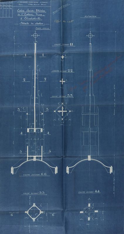 Plan de construction de la flèche de l'église. Tirage, vers 1929. (AM Aubergenville).