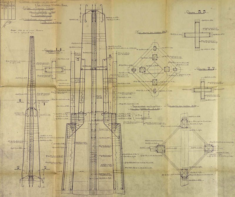 Elévation et plan de la flèche de l'église. Tirage, vers 1929. (AM Aubergenville).