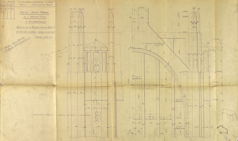 Détails de la façade principale de l'église et élévation latérale. Tirage, vers 1929. (AM Aubergenville).