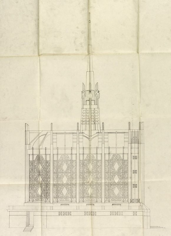 Plan façade de l'église. Tirage, vers 1929. (AM Aubergenville).