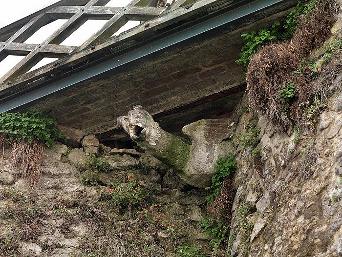 Détail d'une gargouille en remploi dans les fortifications, sous la passerelle menant au pavillon Bossuet.