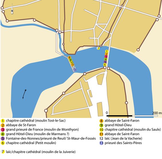 Plan schématique des moulins de Meaux en 1400.