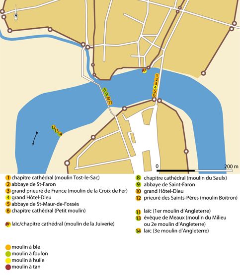 Plan schématique des moulins de Meaux en 1560.
