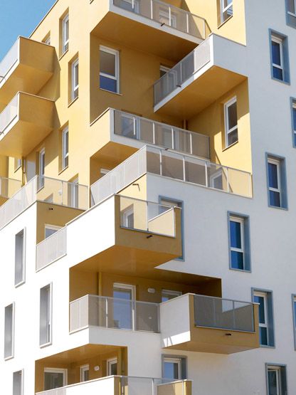 Massy, quartier Atlantis. Nouveau parc résidentiel. Détail d'architecture d'un immeuble.
