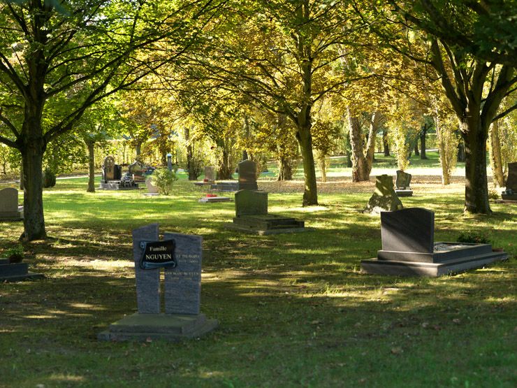 Vue d'une zone paysagère accueillant des sépultures isolées.