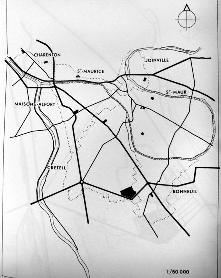 Plan localisant le premier projet de cimetière, sur le territoire de Créteil (aujourd'hui le long de la route de Pompadour), avril 2006.
