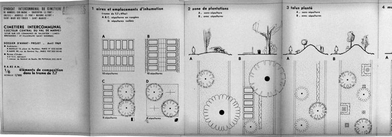 Dossier d'avant-projet, avril 1969. Eléments de composition dans la trame 7 x 7 (partie 1). En 1, les différents types d'implantation des tombes (par 10, 5 ou 2) ; en 2, les zones de plantation avec ou sans sépulture ; en 3, les talus plantés avec ou sans sépulture (aménagement non réalisé).