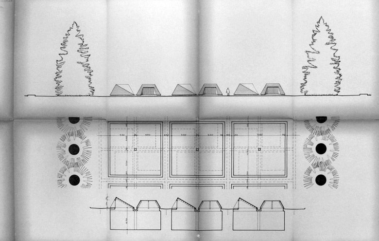 Dossier d'avant-projet, avril 1969. Plan, élévation et coupe de l'ossuaire collectif.