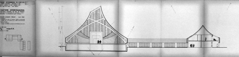Dossier d'avant-projet, avril 1969. Coupe de l'aire de service (à gauche l'aire de cérémonie, au centre le portique, à droite le bâtiment de la conservation).
