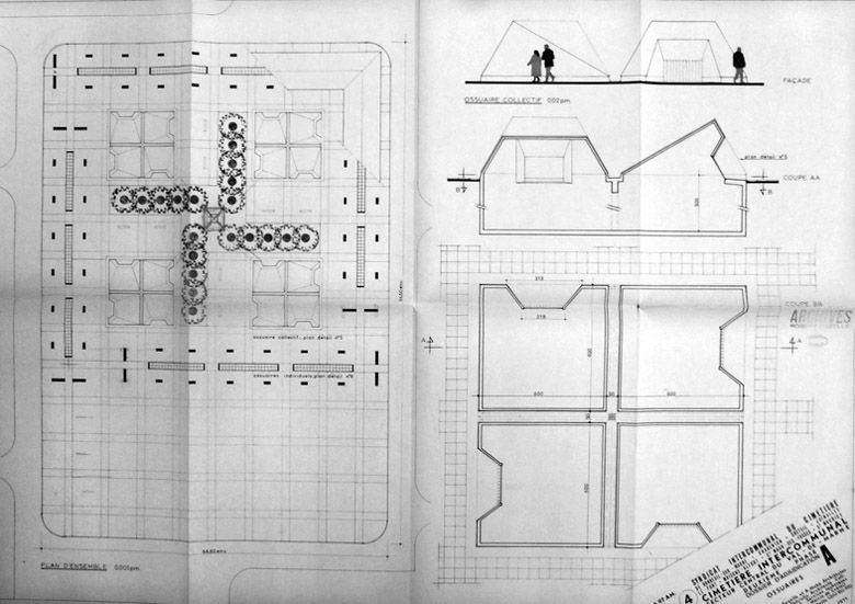 Dossier d'adjudication, octobre 1971. Plan global de la zone de l'ossuaire et détails d'un des quatre ossuaires collectifs.