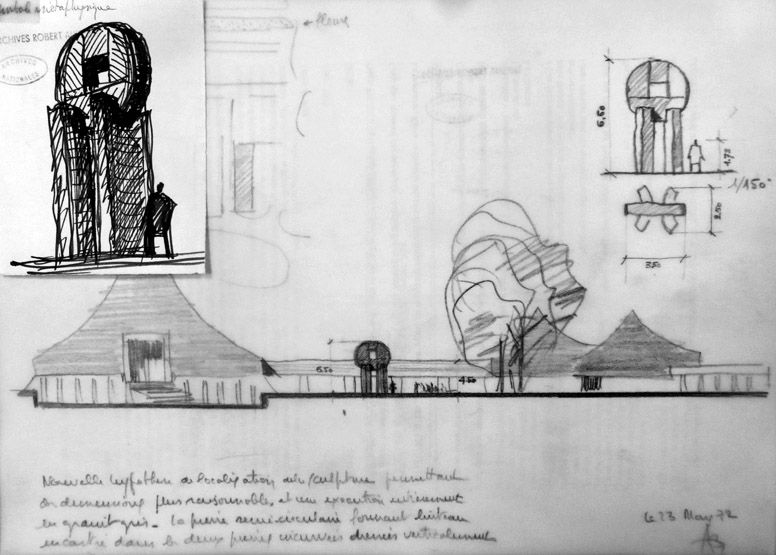 Esquisse, réalisée en 1972, proposant une autre sculpture monumentale, située celle-ci sur le parvis d'entrée au cimetière.