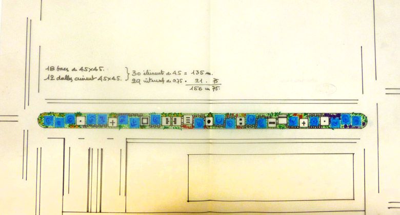 Plan esquissé sur calque, sans date, de Robert Auzelle présentant l'aspect définitif des aménagements pour la sculpture : une succession de bacs et de dalles ciment de 4,5 m x 4,5 m.