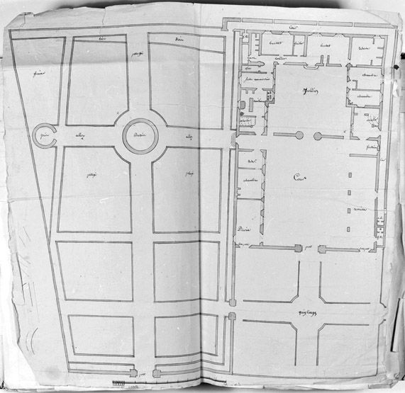 Plan de la "maison de l'Ile" détruite. AM de Mantes-la-Jolie 2 S1 (Région Ile-de-France. Fonds CREDOP). 