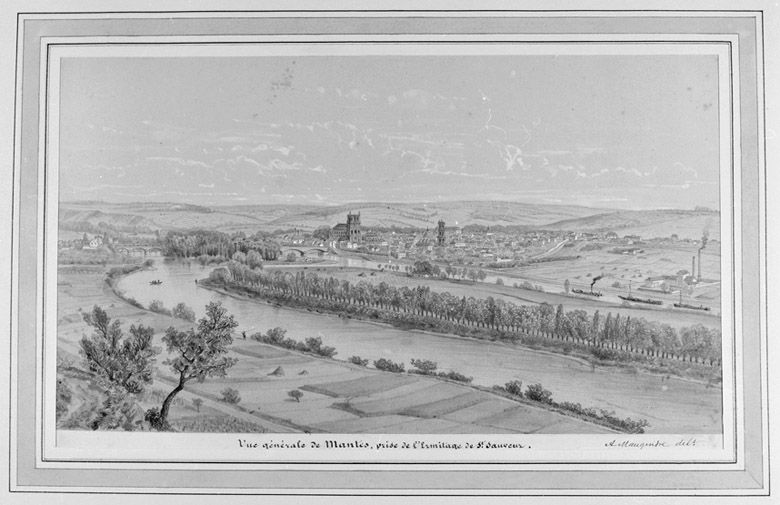 Vue de la ville de Mantes prise depuis l'ermitage Saint-Sauveur à Limay. (Région Ile-de-France. Fonds CREDOP). Dessin.