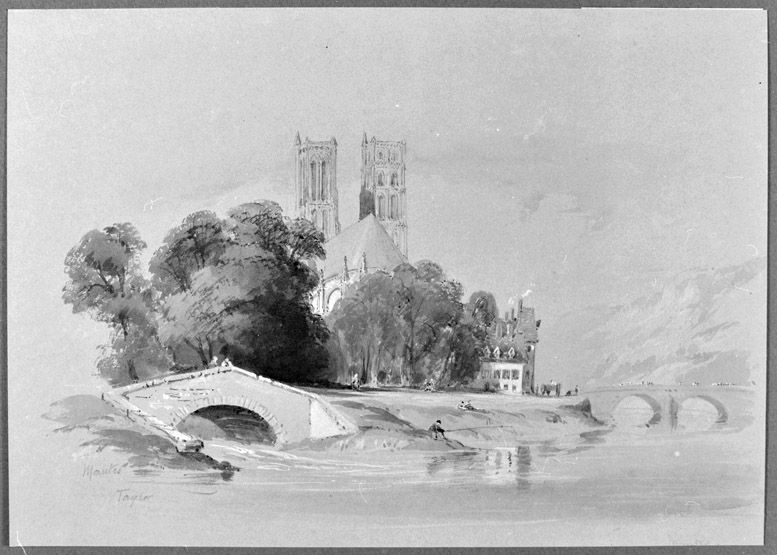 Vue de la collégiale depuis la Seine. (Région Ile-de-France. Fonds CREDOP). aquarelle?.