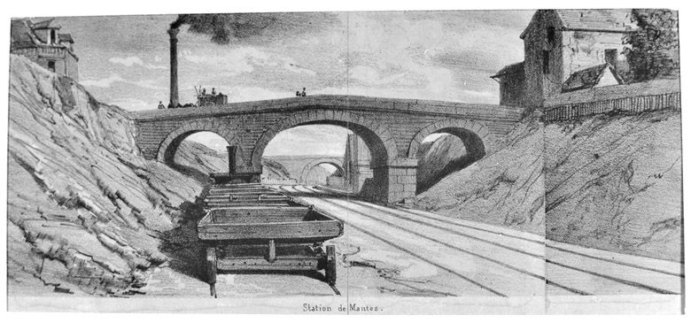 La station de Mantes. (Région Ile-de-France. Fonds CREDOP). Dessin.