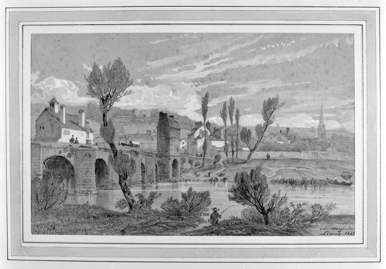 Le pont de Limay en 1851. (Région Ile-de-France. Fonds CREDOP). Dessin.