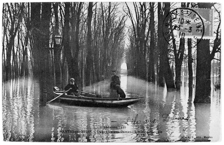 La crue de 1910 dans l'île aux Dames. (Région Ile-de-France. Fonds CREDOP). Carte postale.