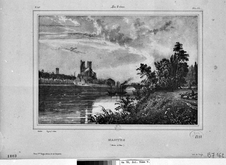 Vue du chevet de la collégiale et de la promenade des Cordeliers. (BNF. Topo Va 78, fol. tome V. B 7162). Lithographie.