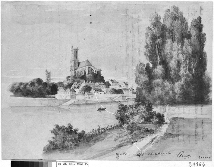 Vue du chevet de la collégiale et de la ville. Dessin inversé préparatoire à une gravure. (BNF. Topo Va 78, fol. tome V. B 7164). Dessin.