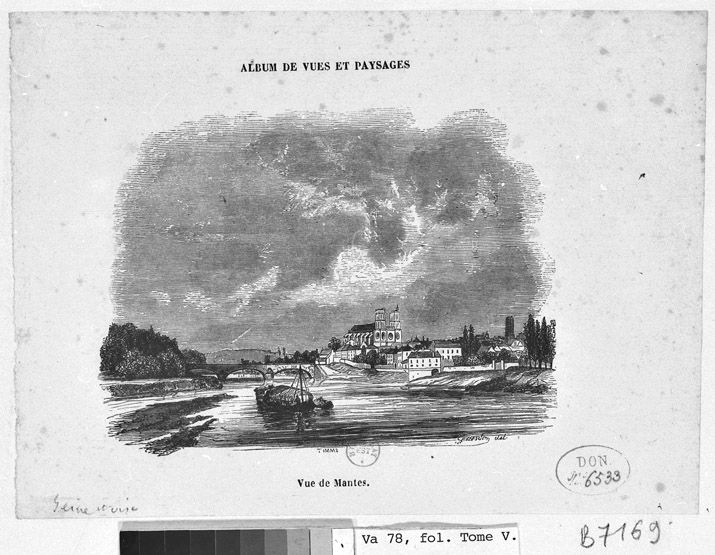 Vue d'ensemble depuis la Seine en aval de la collégiale. (BNF. Topo Va 78, fol. tome V. B 7169). Gravure.