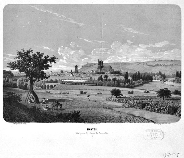 Vue d'ensemble de la ville de Mantes prise depuis le chemin de Guerville. (BNF. Topo Va 78, fol. tome V. B 7175). Lithographie.