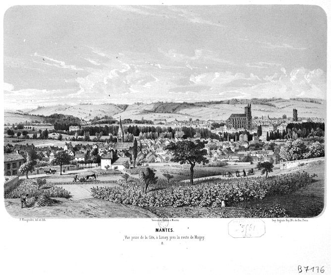 Vue d'ensemble de la ville de Mantes prise depuis Limay, sur la rive droite. (BNF. Topo Va 78, fol. tome V. B 7176). Lithographie.