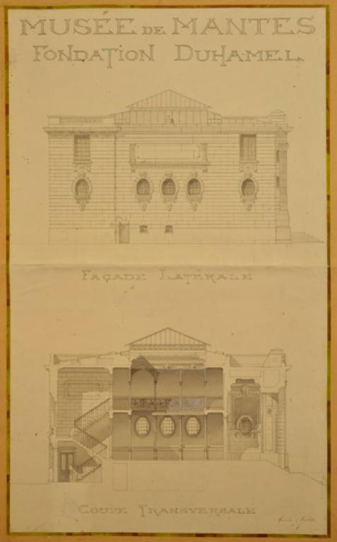 Façade principale et coupe. Dessin de Maurice Nalet. (AM Mantes-la-Jolie, 5M28)