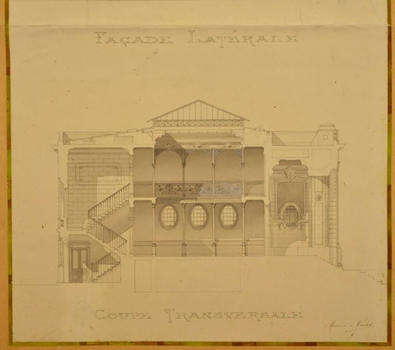 Coupe longitudinale sur le bâtiment. Dessin de Maurice Nalet. (AM Mantes-la-Jolie, 5M28)