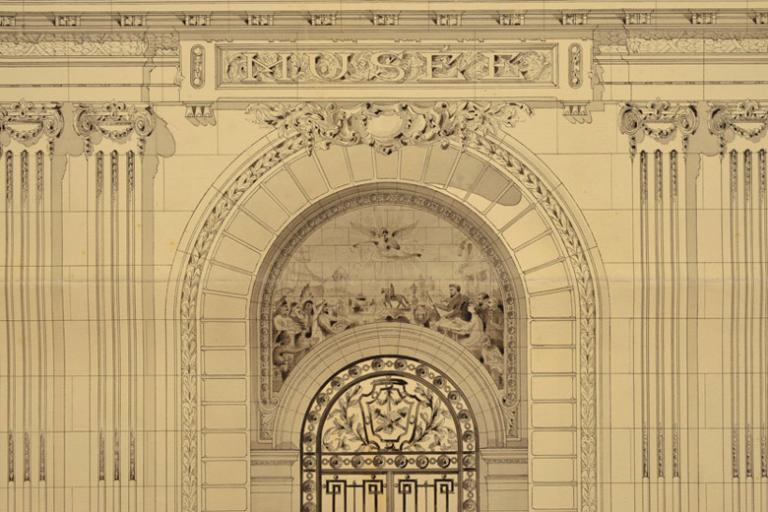 Détail du décor de la façade principale. Dessin de Maurice Nalet. (AM Mantes-la-Jolie, 5M28)