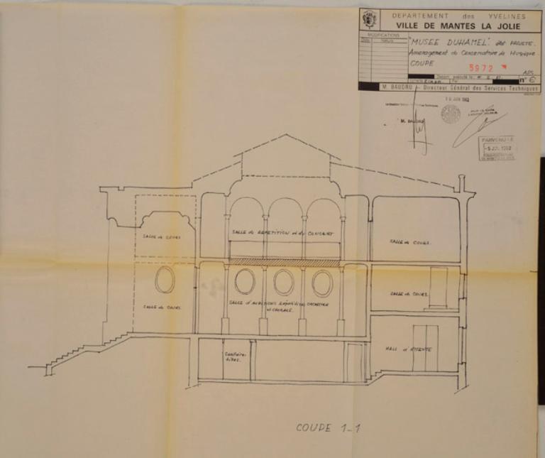 Projet de création d'un plancher dans la partie centrale. Projet de restauration en 1981. Tirage. (AM Mantes-la-Jolie 53 W 123)