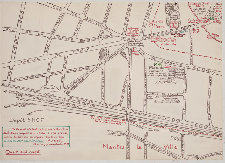 Rues et monuments de Mantes avant la seconde guerre mondiale. Quart Sud Ouest. M Vergély, 1988 (AM Mantes-la-Jolie n.c.)