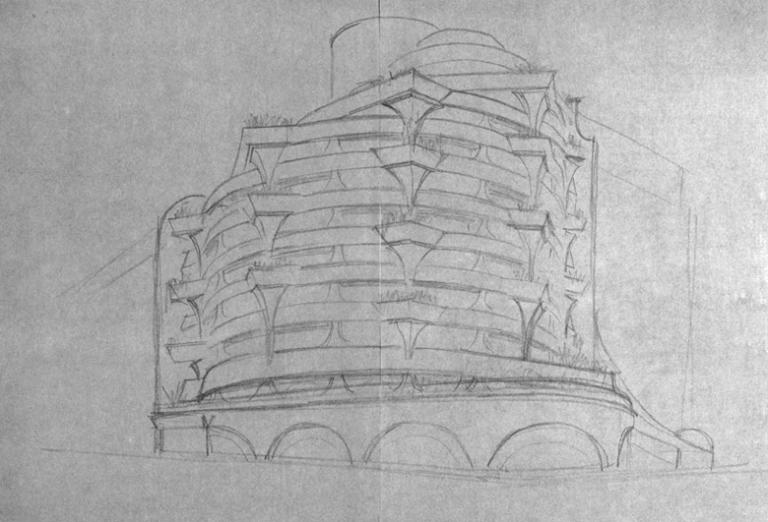 Projet de garage pour monsieur Giuliani : dessin de l'élévation (1968).