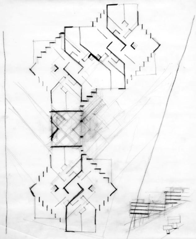 Dessin préparatoire, plan et coupe. 