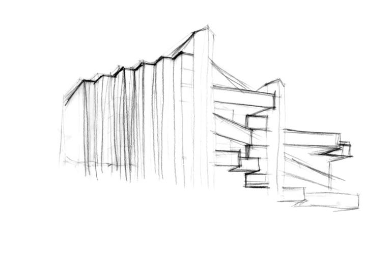 Dessin préparatoire, vue d'une façade latérale. 