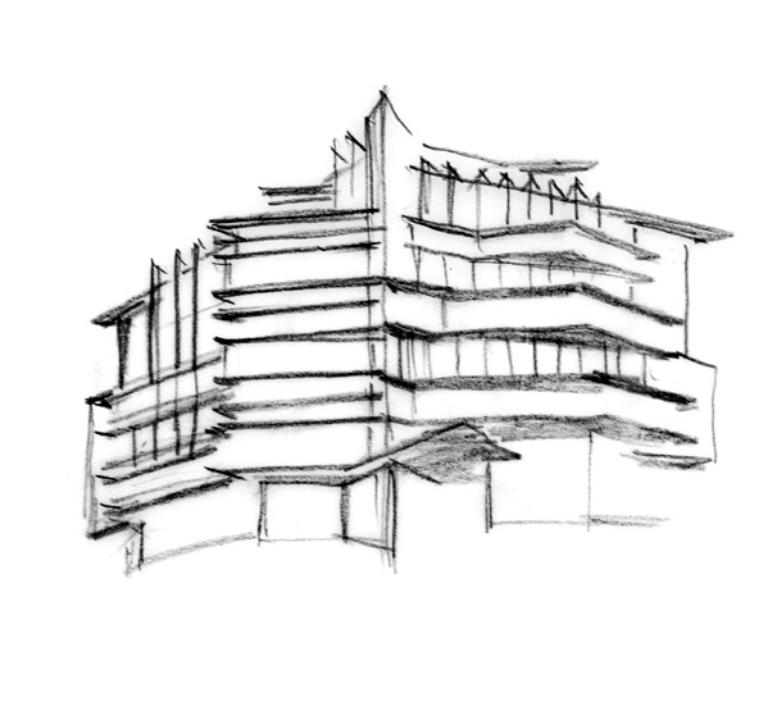 Dessin préparatoire, vue générale de la façade postérieure. 