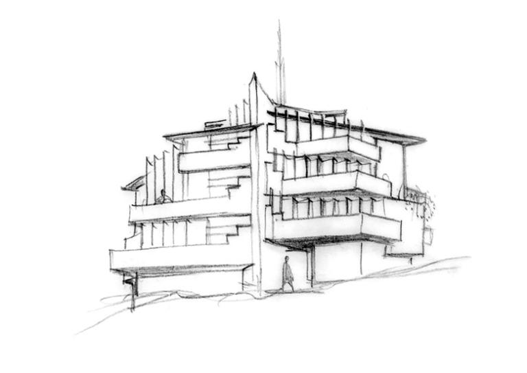 Dessin préparatoire, façade postérieure. 
