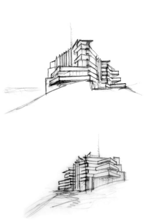 Dessins préparatoire, vues des façades antérieure et postérieure. 