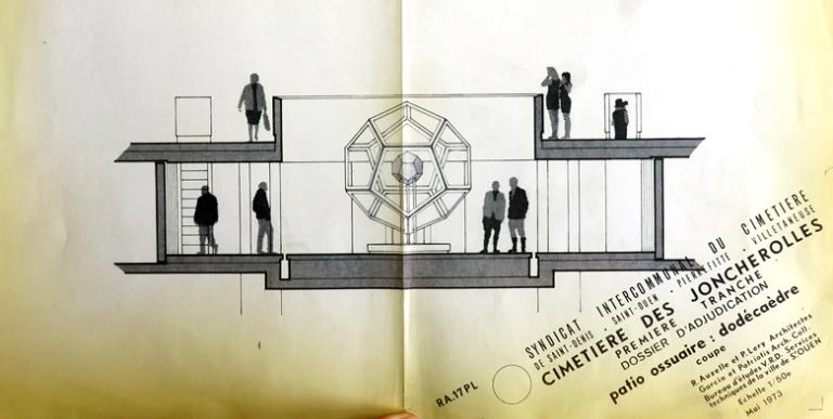 Coupe du patio de l’ossuaire et élévation du Dodécaèdre, dossier d’adjudication, mai 1973. SIAF/CAPA. Fonds Robert Auzelle 242 IFA, boite 51, affaire RA 17.