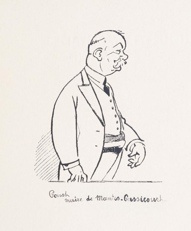 Caricature d'Auguste Goust, maire de Mantes par Pierre Goujon. (Pierre Goujon, Silhouettes mantaises, 1932). 