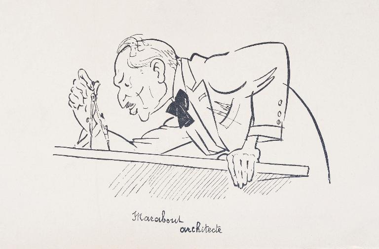 Caricature de l'architecte Marabout par Pierre Goujon. (Pierre Goujon, Silhouettes mantaises, 1932).