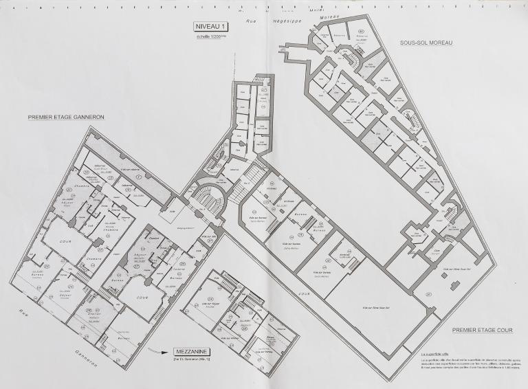 Plan général du niveau 1 (sous-sol côté rue Hésippe Moreau, premier étage côté cour et côté rue Ganneron)