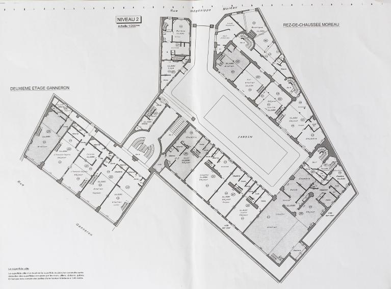 Plan général du niveau 2 (rez-de-chaussée côté rue Hégésippe Moreau, deuxième étage côté rue Ganneron)