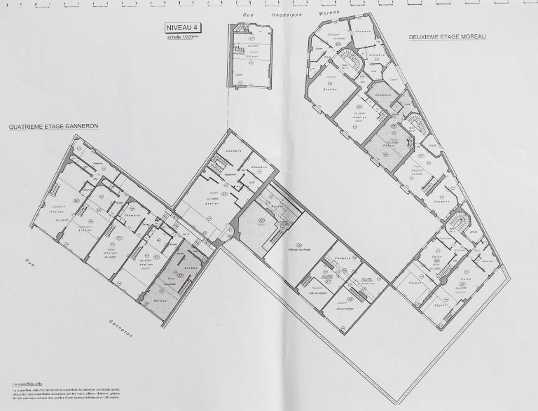 Plan général du niveau 4 (deuxième étage côté rue Hégésippe Moreau, quatrième étage côté rue Ganneron)